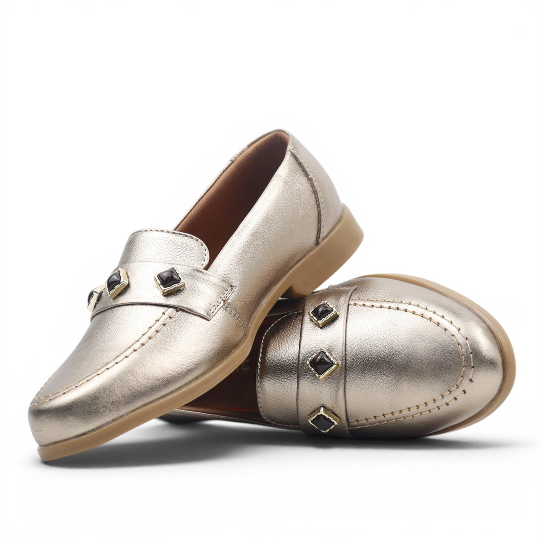 Mocassim Couro Metalizado Ouro Velho 2