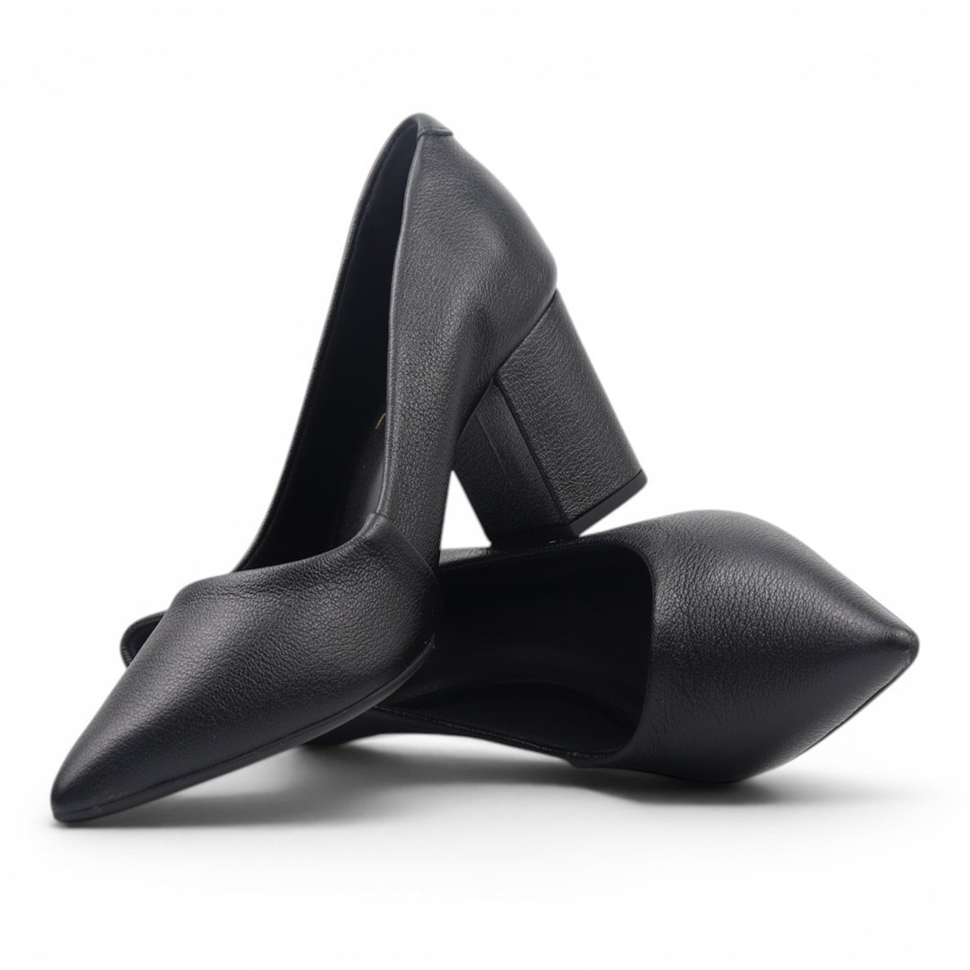 Scarpin Salto Bloco Couro Preto 2