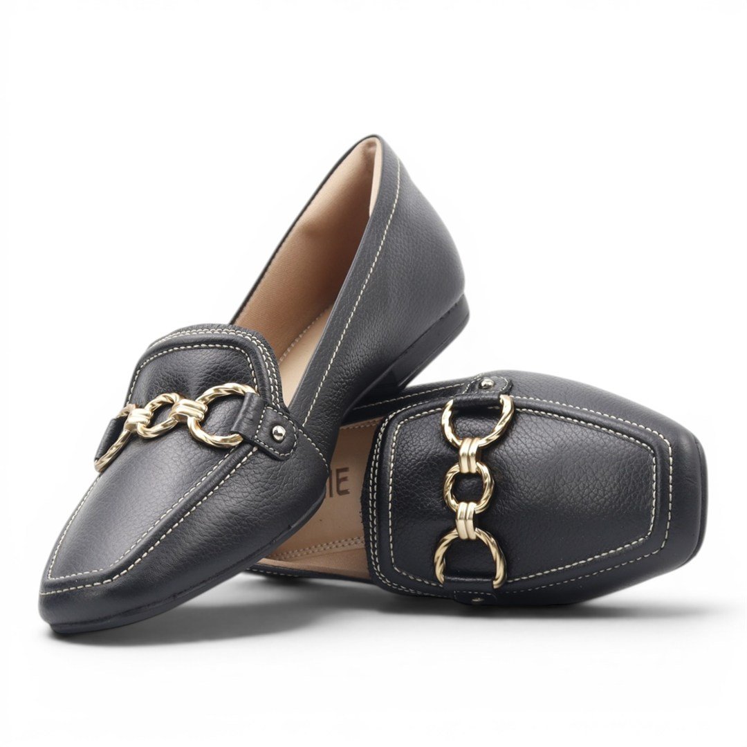 Mocassim 3 Couro Enfeite Metal 23128float Couro Preto 3