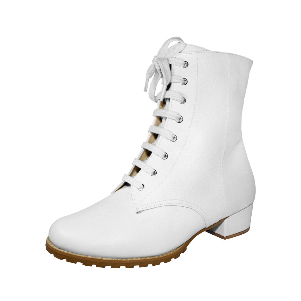 Bota Coturno Salto Baixo Grosso 3cm Cano Curto Bico Redondo Luiza Sobreira Off White Mod. 2216