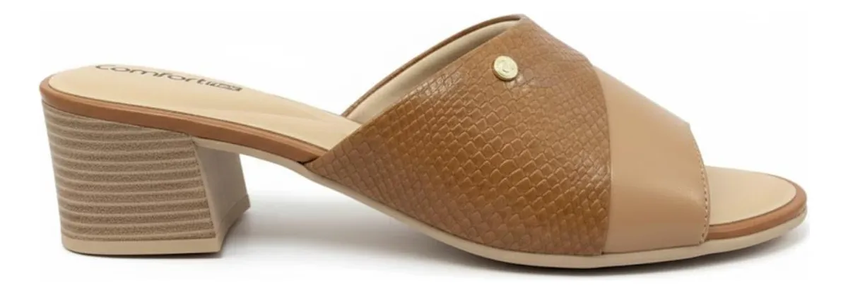 Tamanco Salto Bloco Feminino Comfortflex 24-56406 Bege 2