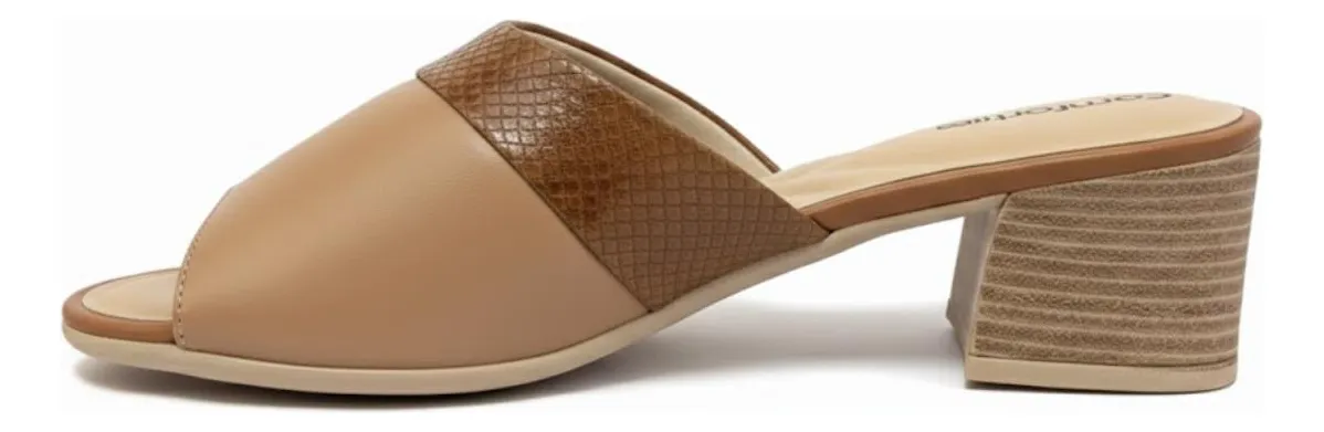 Tamanco Salto Bloco Feminino Comfortflex 24-56406 Bege 3