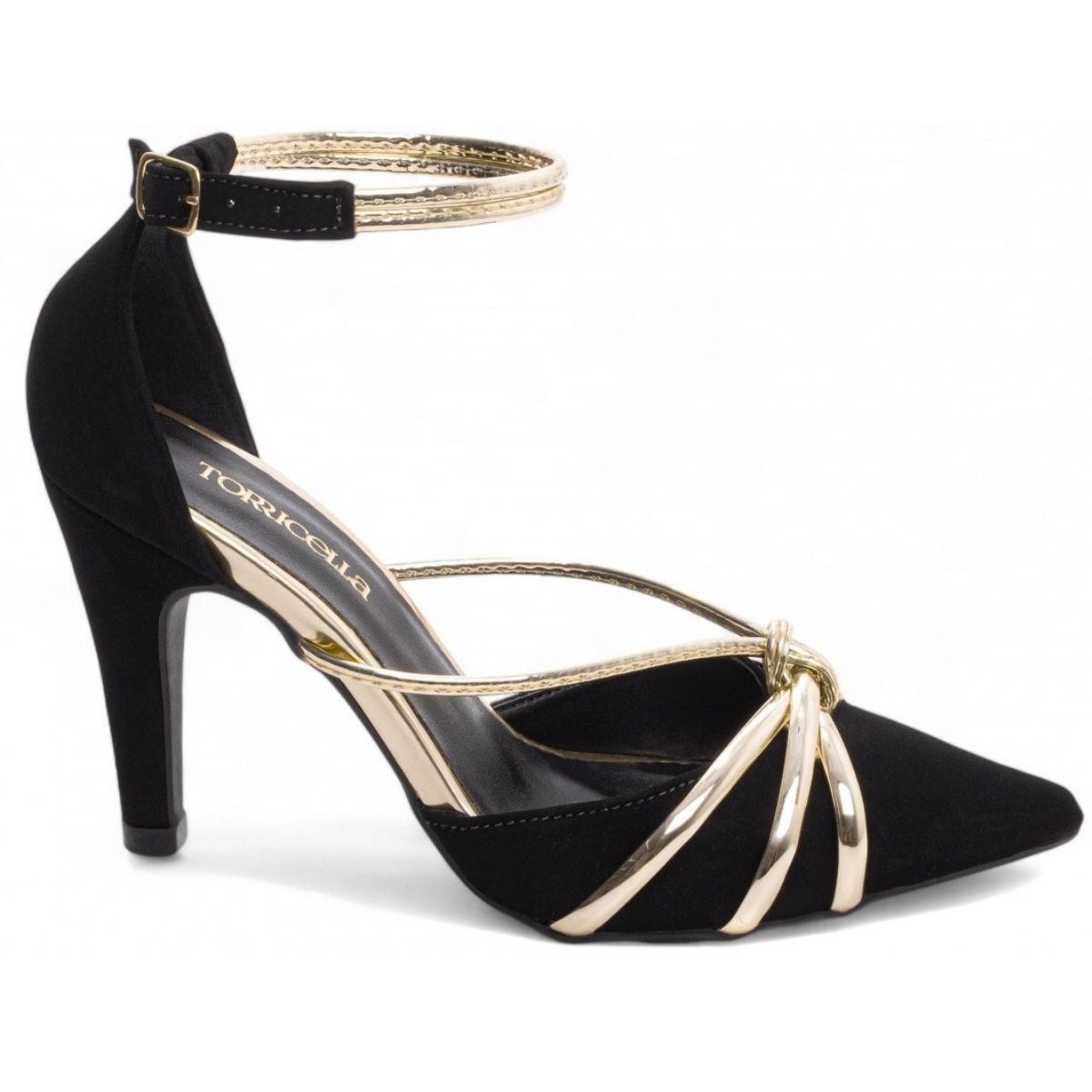 Scarpin Feminino Nobuck Preto com Detalhes Dourados e Salto Alto Fino Elegante Torricella