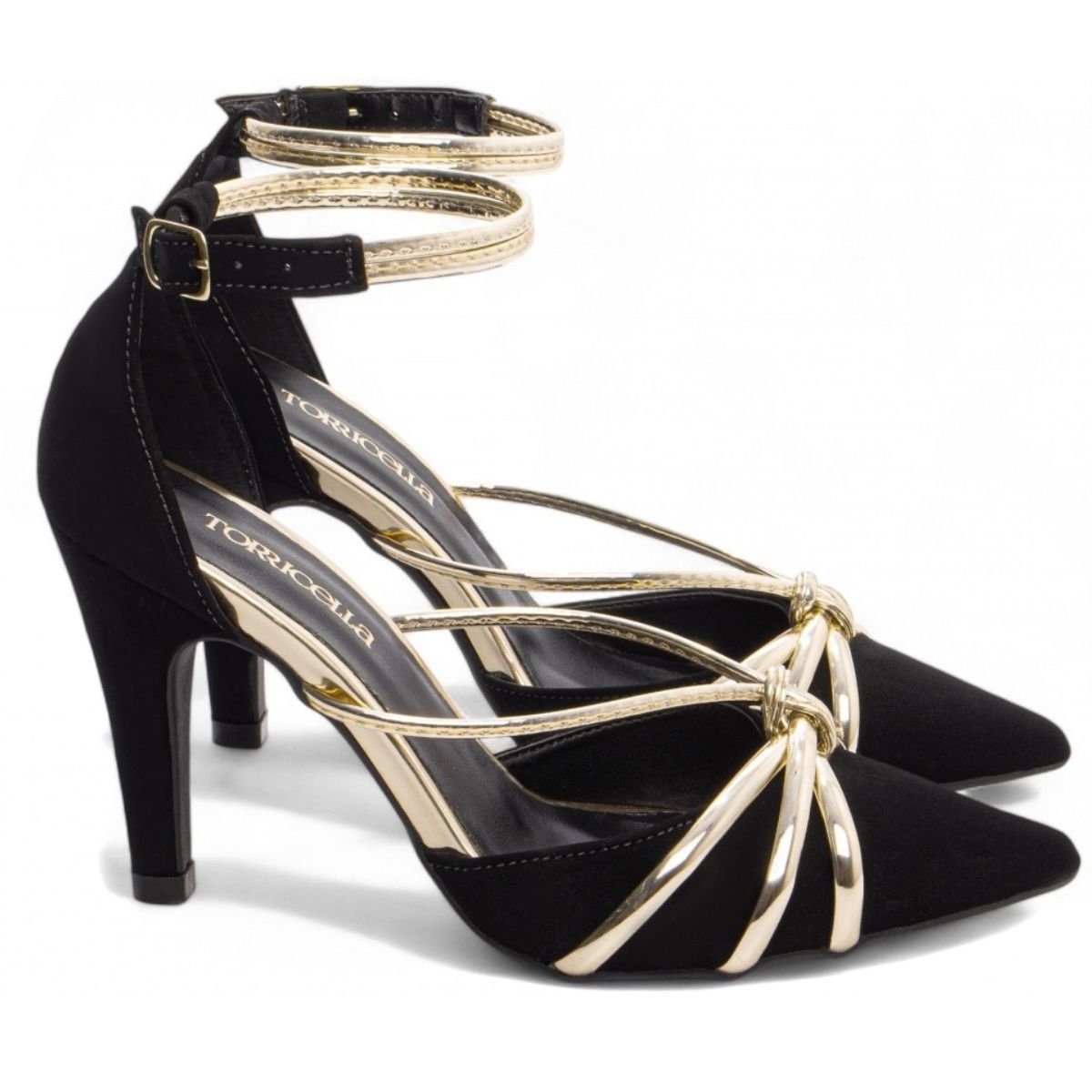 Scarpin Feminino Nobuck Preto com Detalhes Dourados e Salto Alto Fino Elegante Torricella Preto 3