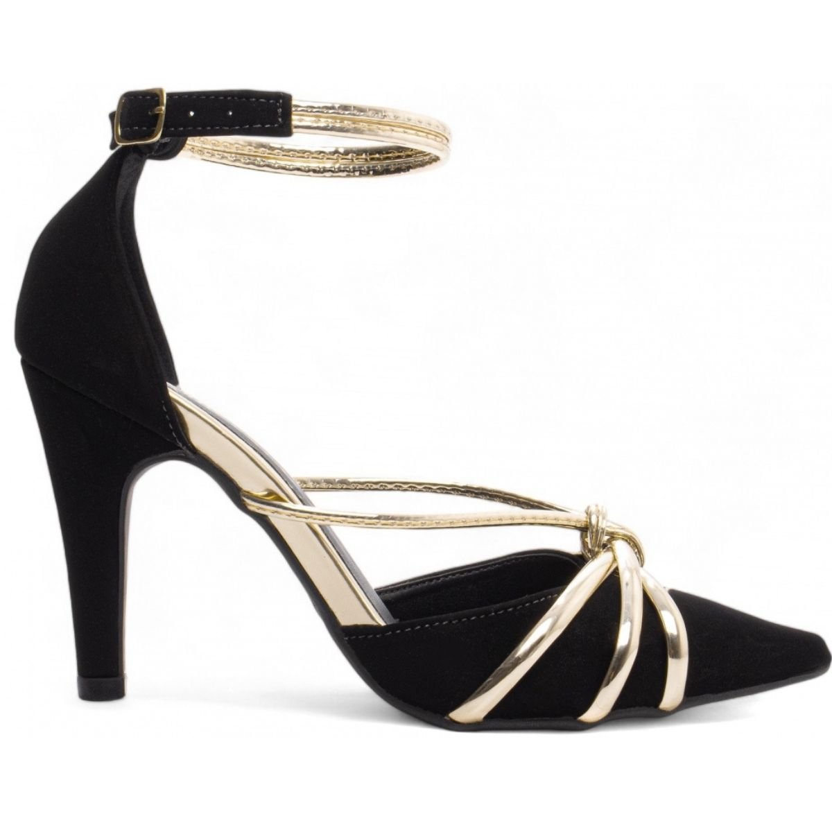 Scarpin Feminino Nobuck Preto com Detalhes Dourados e Salto Alto Fino Elegante Torricella Preto 4