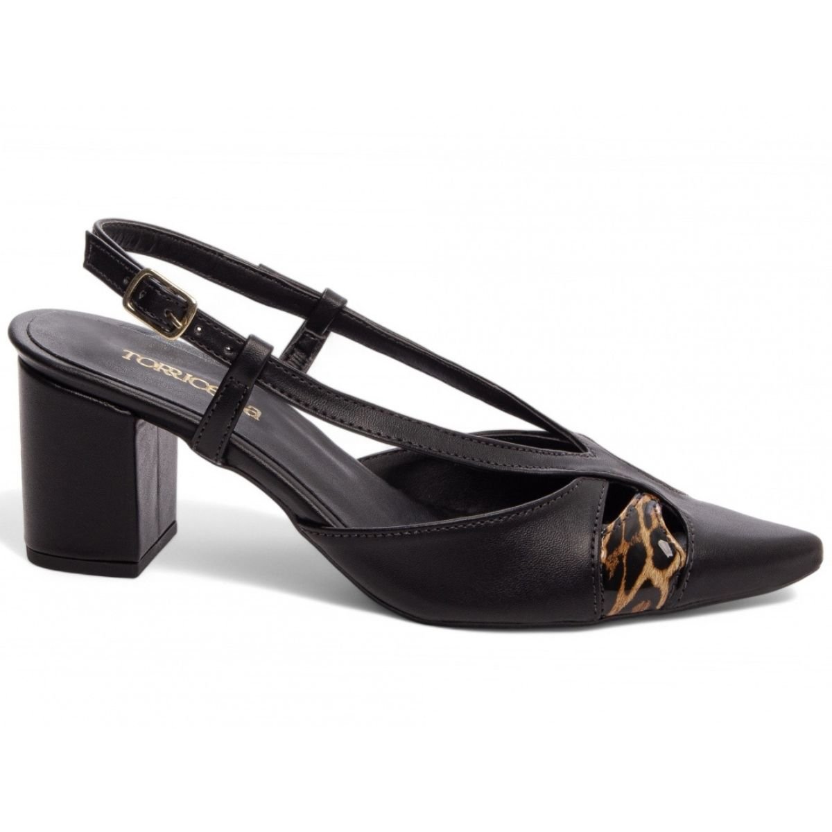Scarpin Feminino Preto com Detalhe Animal Print e Salto Bloco Médio Torricella