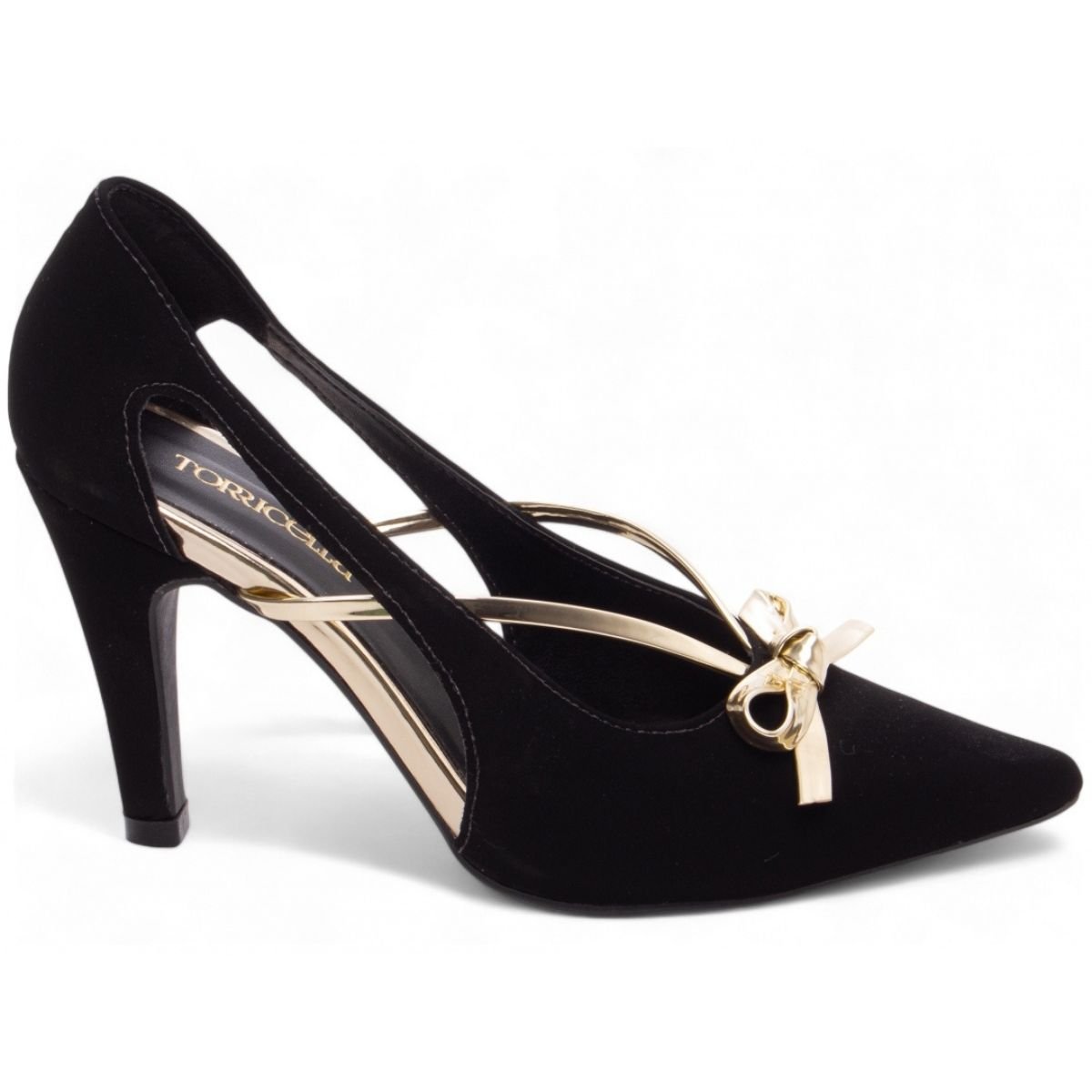 Scarpin Feminino Nobuck Preto com Detalhe Dourado Elegante e Confortável Torricella