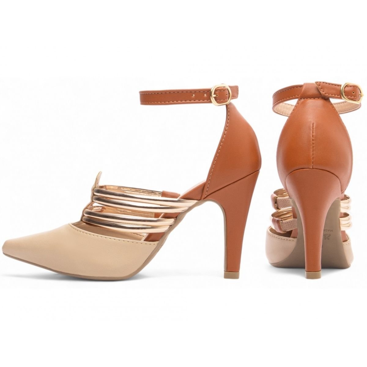 Scarpin Feminino Napa com Tiras Metálicas e Salto Médio Fino Torricella Bege 2