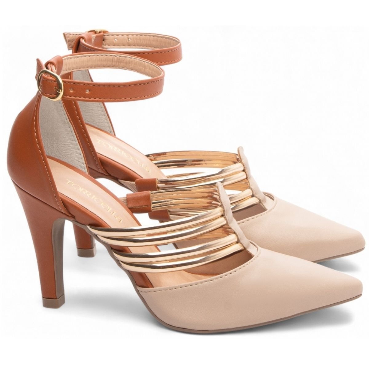 Scarpin Feminino Napa com Tiras Metálicas e Salto Médio Fino Torricella Bege 3