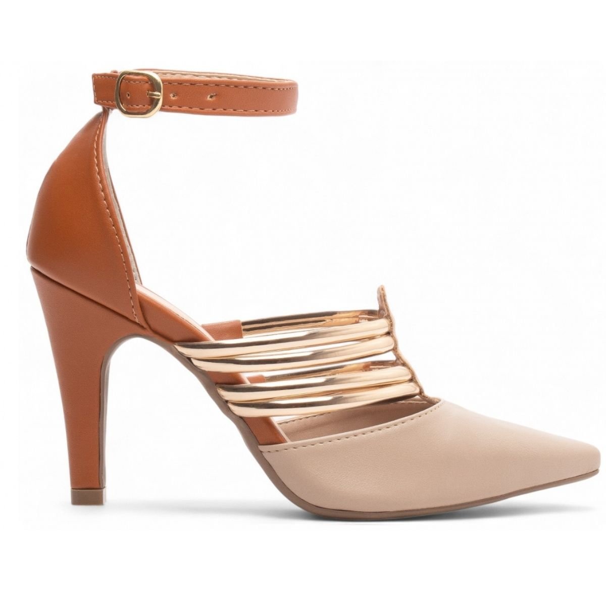 Scarpin Feminino Napa com Tiras Metálicas e Salto Médio Fino Torricella Bege 4