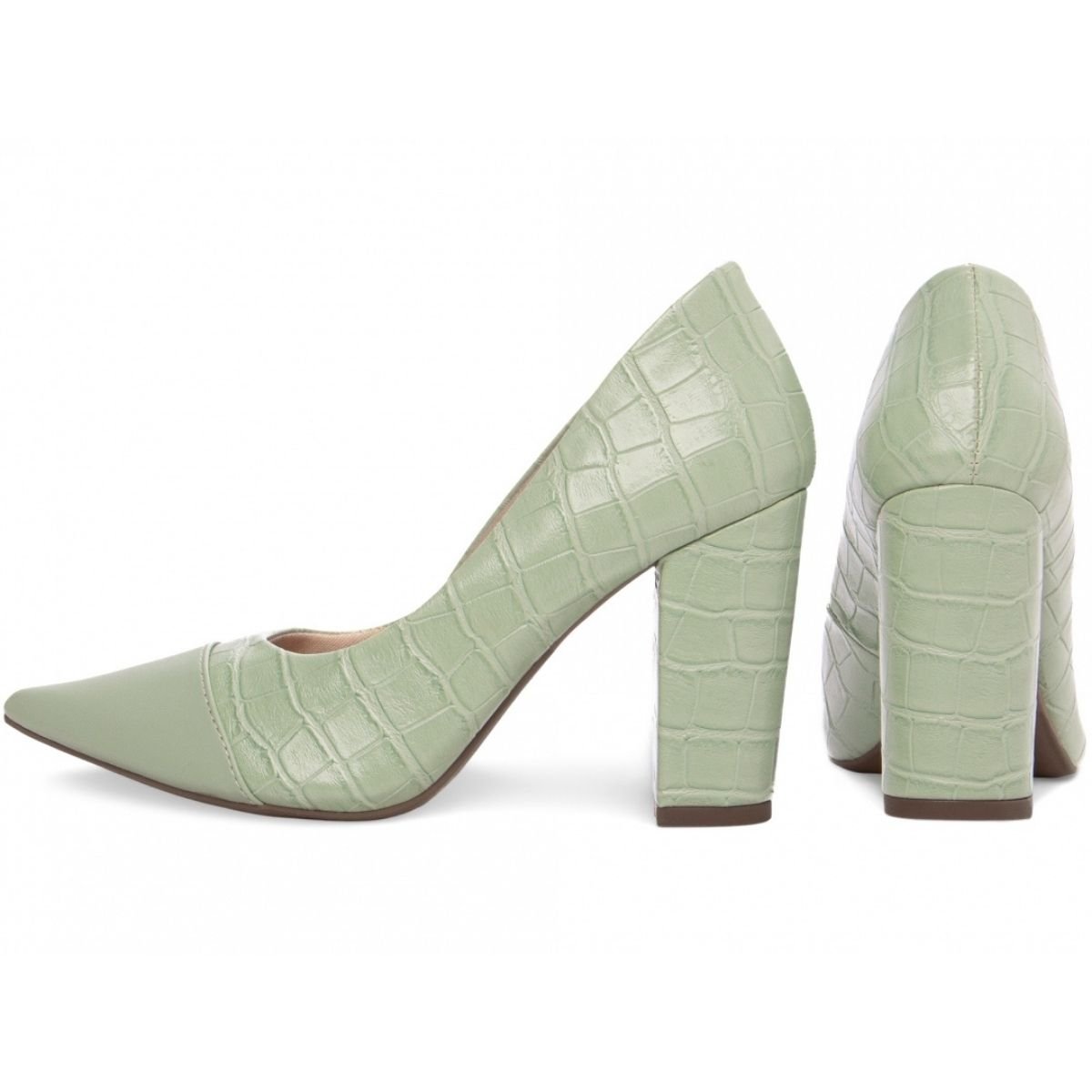 Scarpin Feminino Com Textura Croco Salto Grosso Confortável Torricella Verde Claro 2
