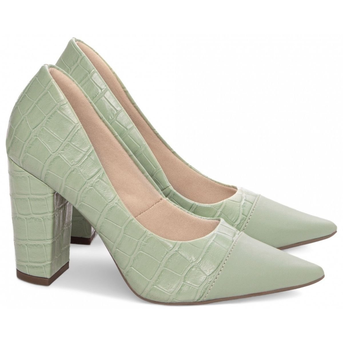 Scarpin Feminino Com Textura Croco Salto Grosso Confortável Torricella Verde Claro 3