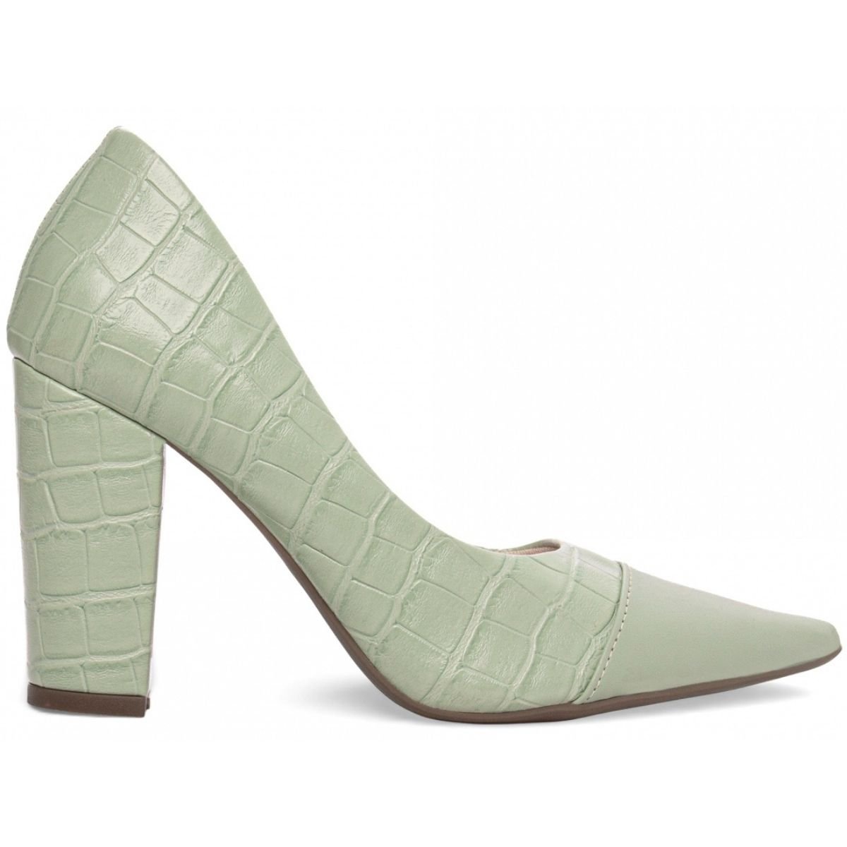 Scarpin Feminino Com Textura Croco Salto Grosso Confortável Torricella Verde Claro 4