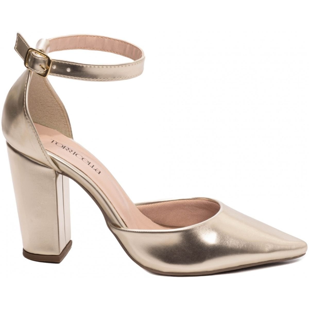 Scarpin Feminino Dourado Napa com Salto Grosso e Tira no Tornozelo - Elegância e Conforto Torricella