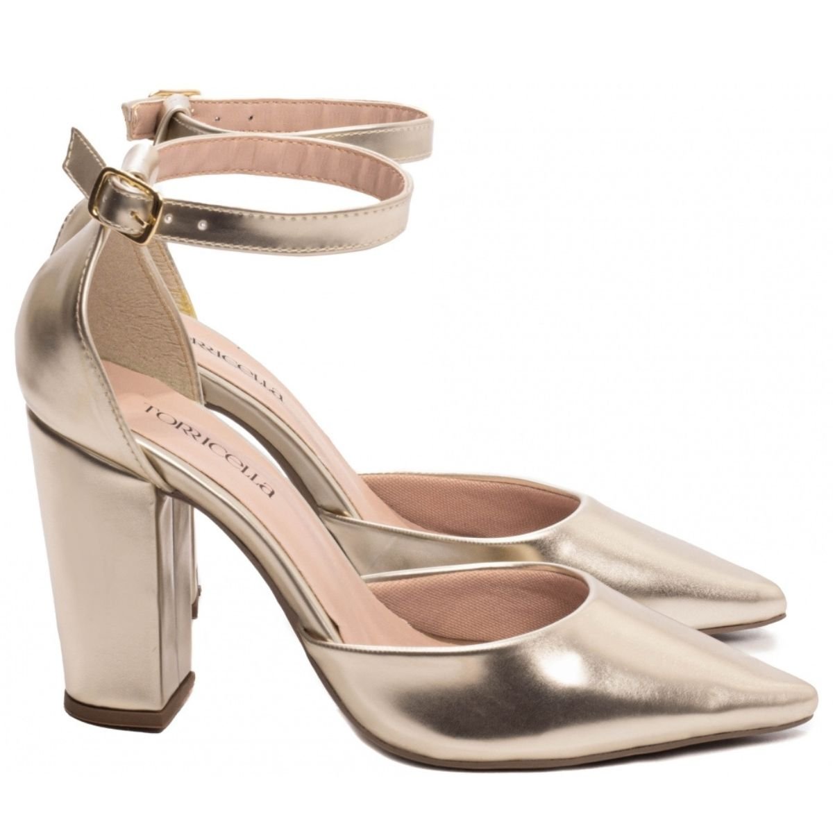 Scarpin Feminino Dourado Napa com Salto Grosso e Tira no Tornozelo - Elegância e Conforto Torricella Dourado 3