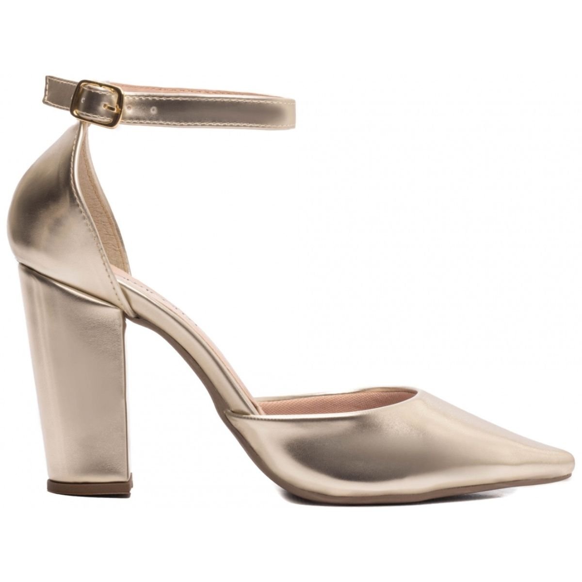 Scarpin Feminino Dourado Napa com Salto Grosso e Tira no Tornozelo - Elegância e Conforto Torricella Dourado 4
