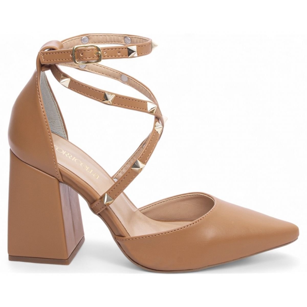 Scarpin Feminino com Salto Grosso e Tiras com Spikes Dourados Torricella