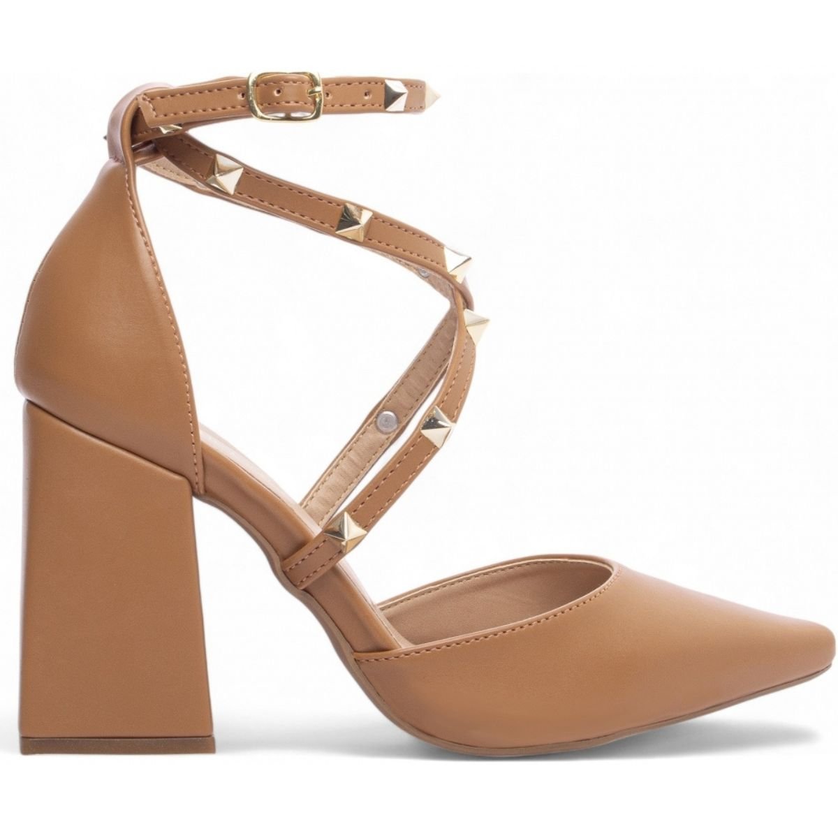 Scarpin Feminino com Salto Grosso e Tiras com Spikes Dourados Torricella Caramelo 4