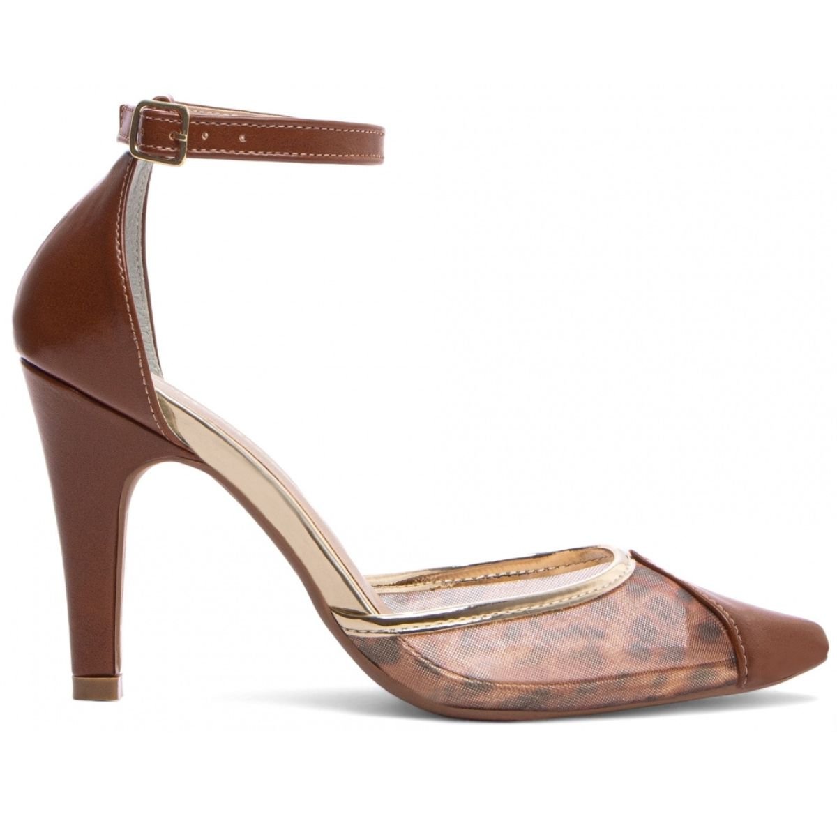 Scarpin Feminino com Detalhes em Animal Print e Saltos Altos Fino Elegante Torricella Caramelo 4
