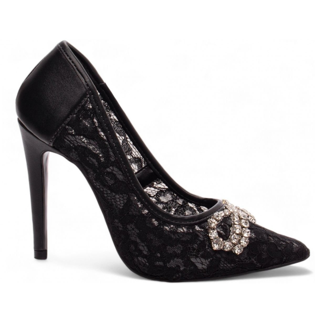 Scarpin Feminino Salto 12 cm Preto com Renda e Detalhe em Cristal Torricella