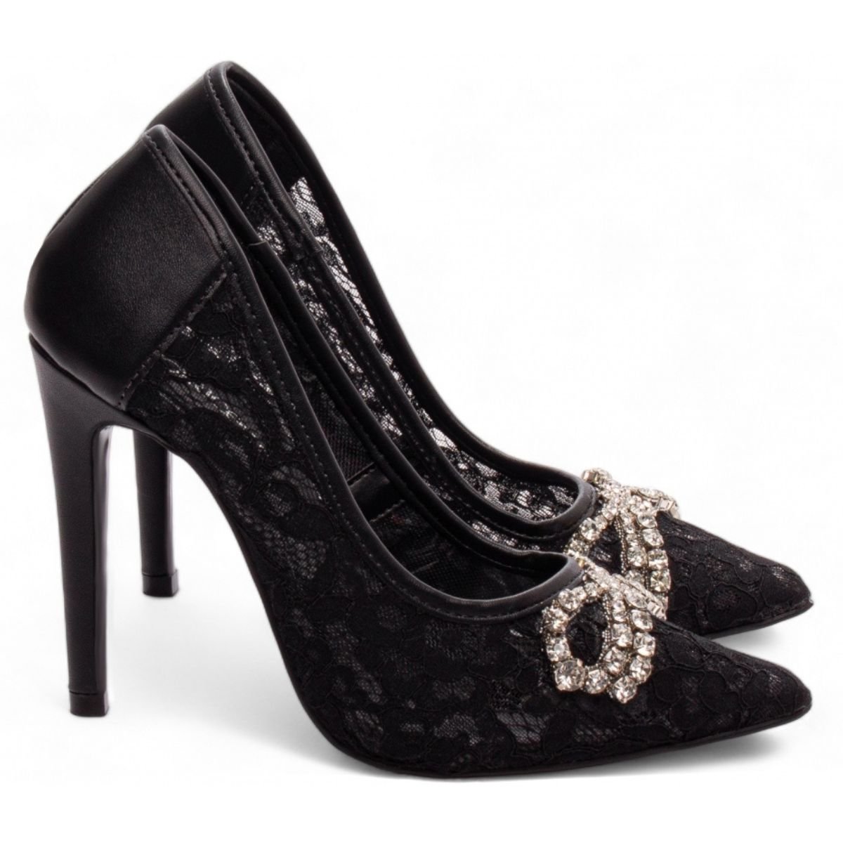 Scarpin Feminino Salto 12 cm Preto com Renda e Detalhe em Cristal Torricella Preto 3
