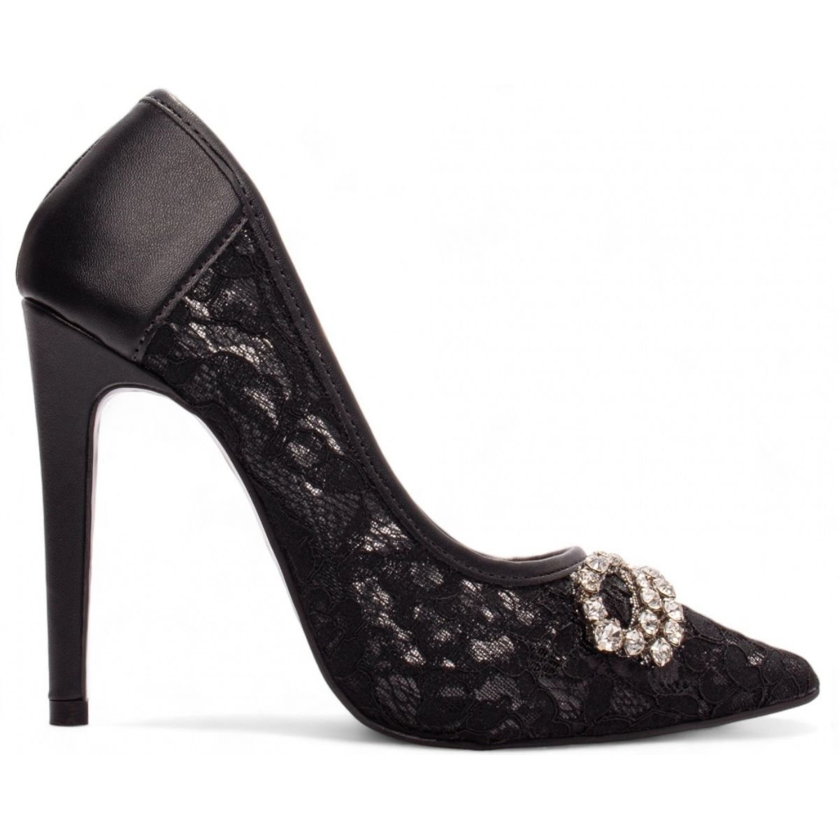 Scarpin Feminino Salto 12 cm Preto com Renda e Detalhe em Cristal Torricella Preto 4