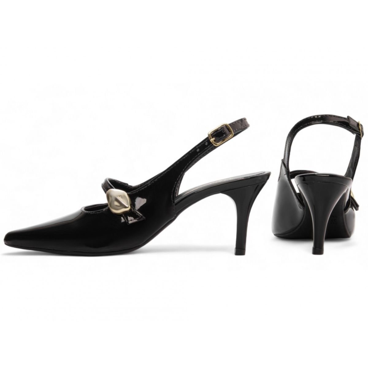 Scarpin Slingback Feminino Verniz com Salto Médio e Detalhe Metálico Torricella Preto 2