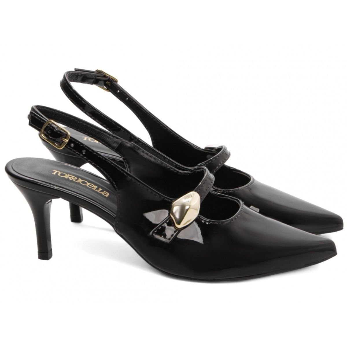 Scarpin Slingback Feminino Verniz com Salto Médio e Detalhe Metálico Torricella Preto 3