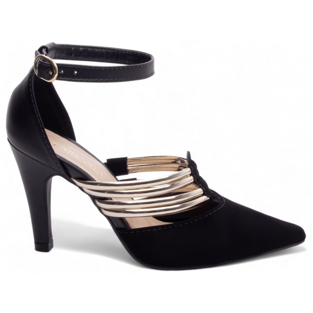 Scarpin Nobuck Preto Feminino com Tiras Douradas e Salto Médio Elegante Torricella