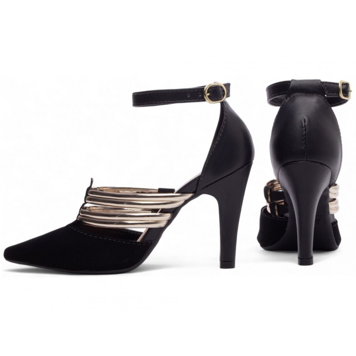 Scarpin Nobuck Preto Feminino com Tiras Douradas e Salto Médio Elegante Torricella Preto 2