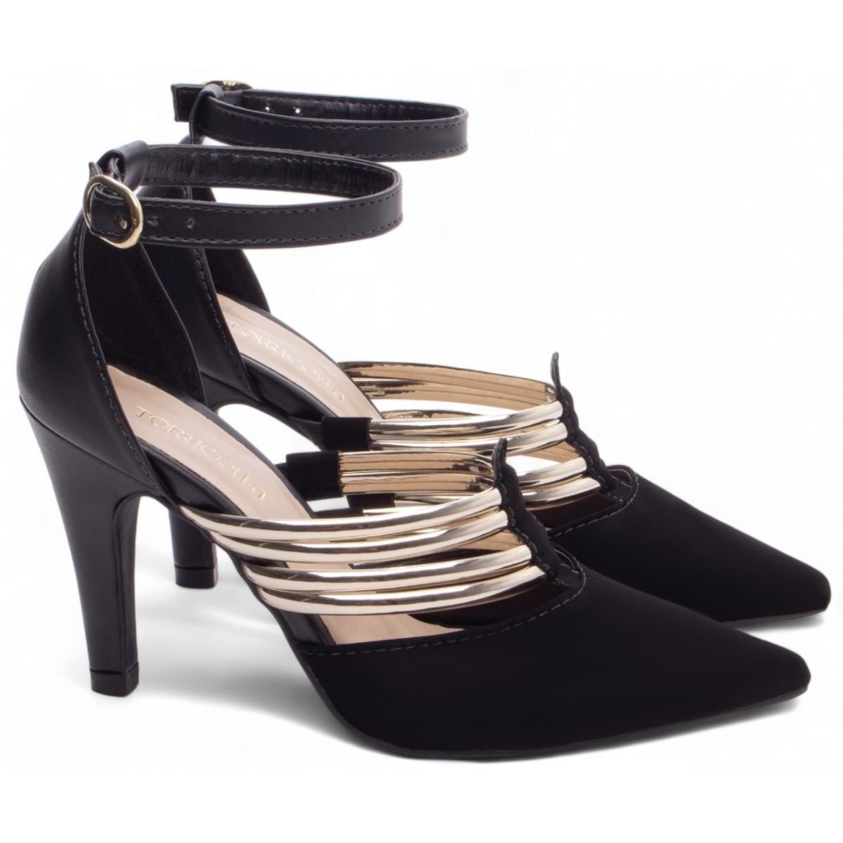 Scarpin Nobuck Preto Feminino com Tiras Douradas e Salto Médio Elegante Torricella Preto 3