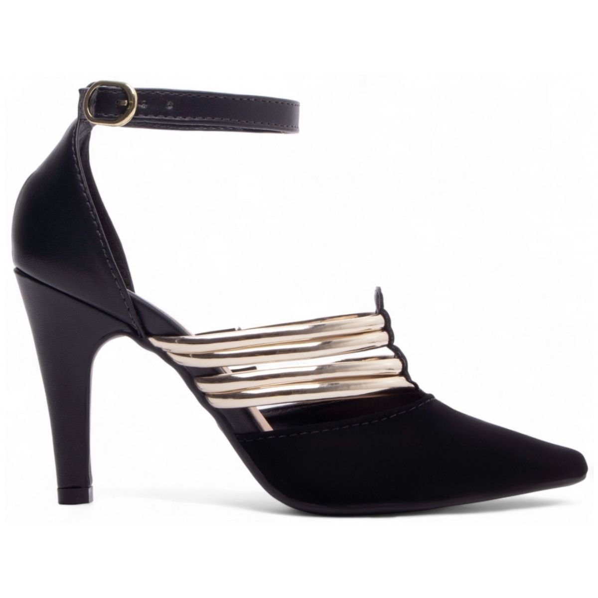Scarpin Nobuck Preto Feminino com Tiras Douradas e Salto Médio Elegante Torricella Preto 4