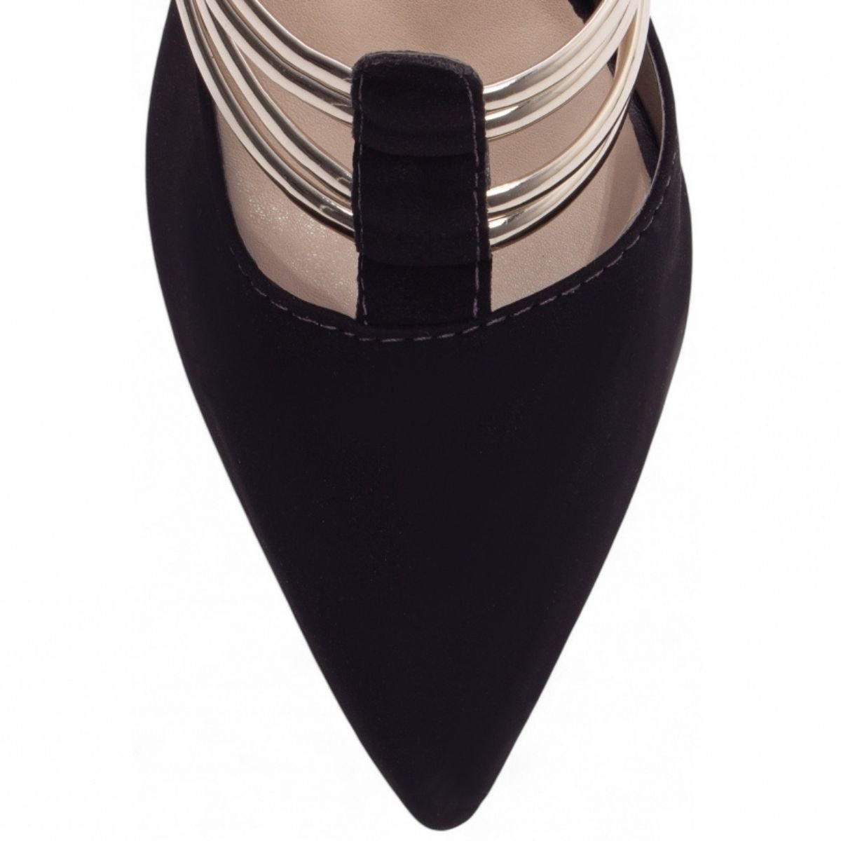 Scarpin Nobuck Preto Feminino com Tiras Douradas e Salto Médio Elegante Torricella Preto 5