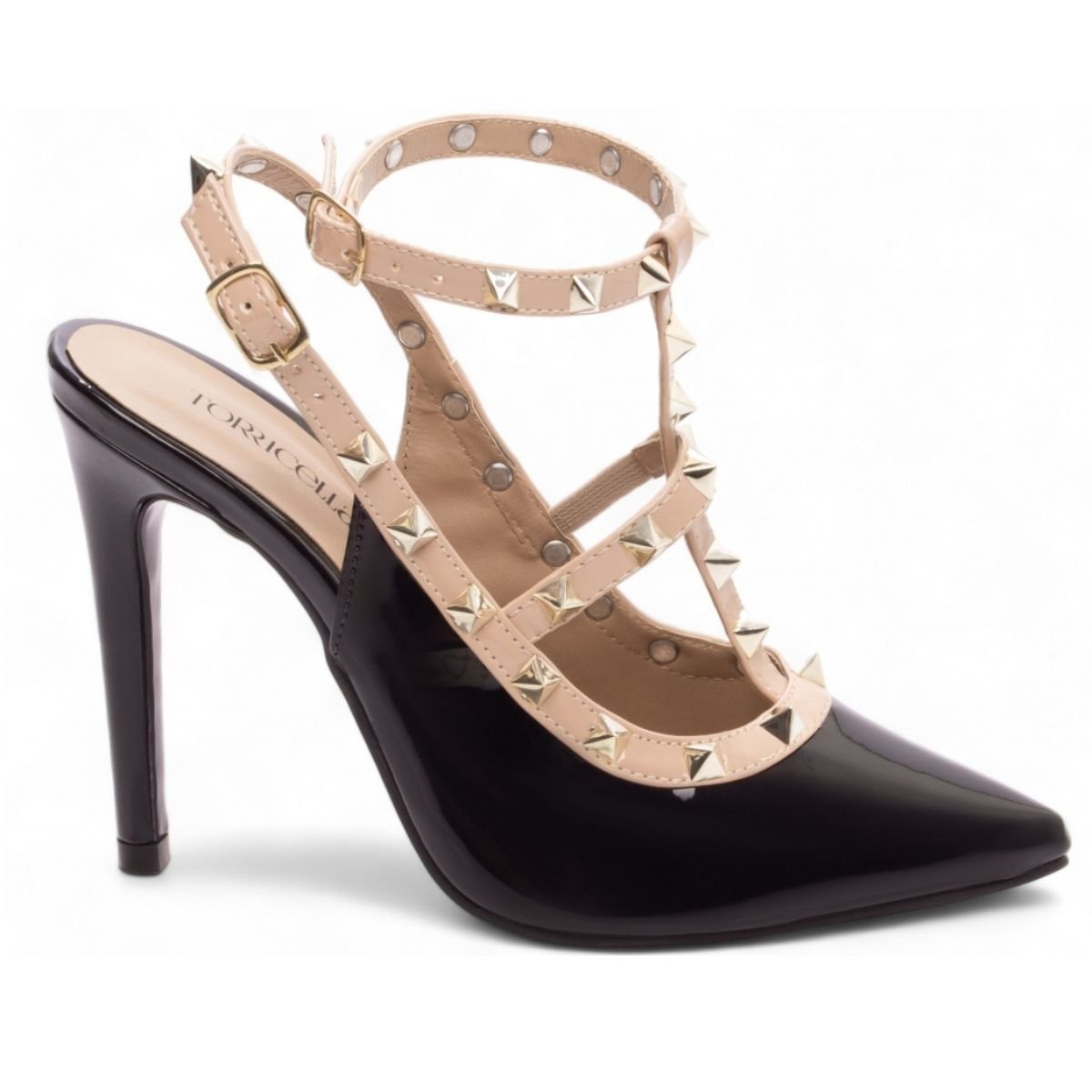 Scarpin Feminino Salto 12 cm Preto Verniz com Tiras Nude e Spikes Dourados Torricella