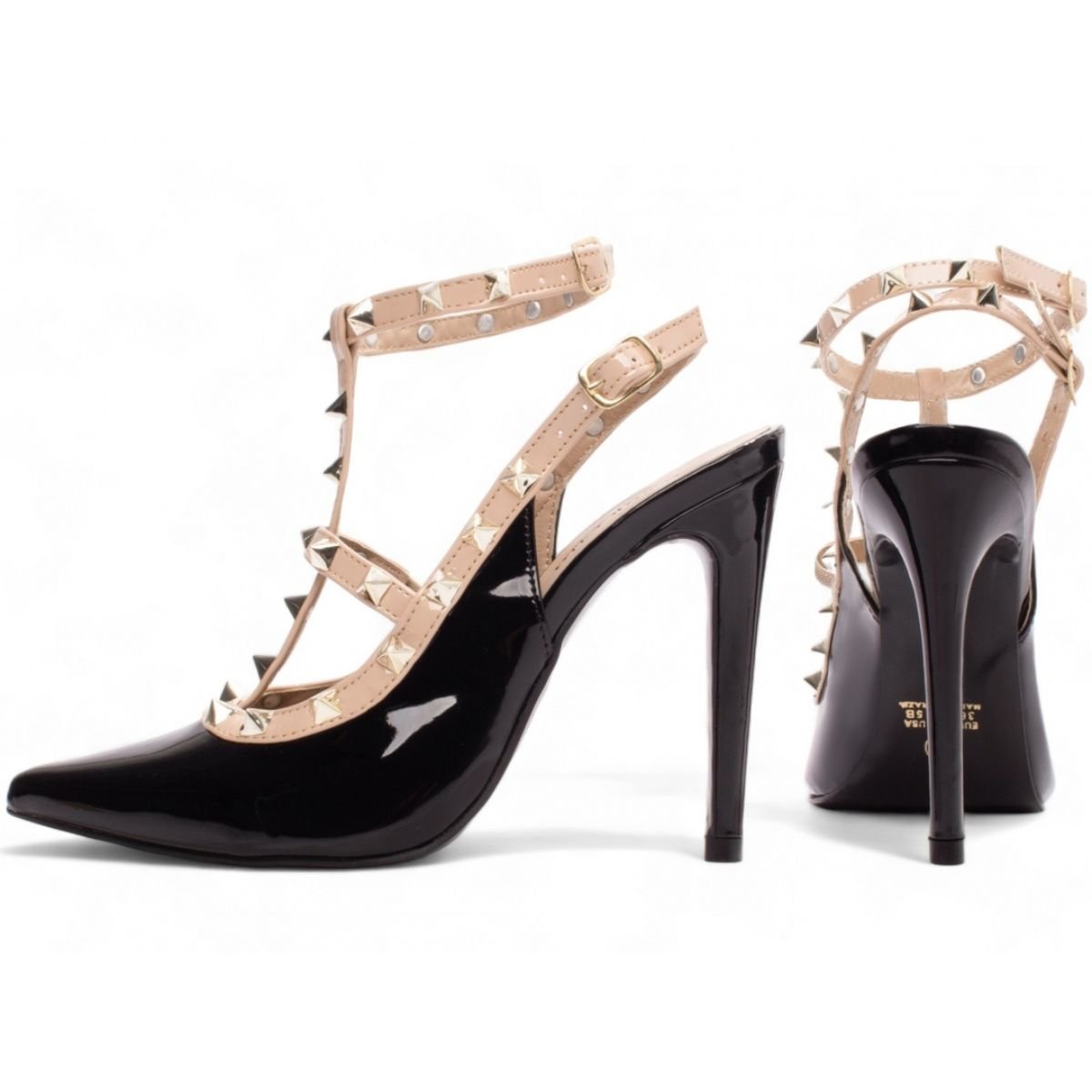 Scarpin Feminino Salto 12 cm Preto Verniz com Tiras Nude e Spikes Dourados Torricella Preto 2