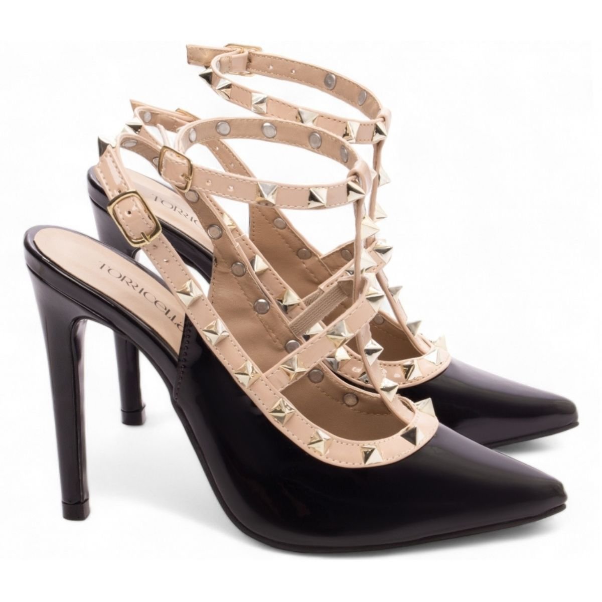 Scarpin Feminino Salto 12 cm Preto Verniz com Tiras Nude e Spikes Dourados Torricella Preto 3