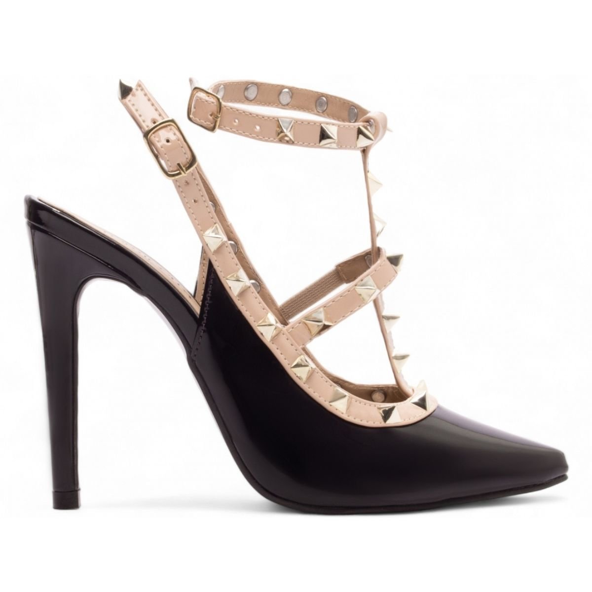 Scarpin Feminino Salto 12 cm Preto Verniz com Tiras Nude e Spikes Dourados Torricella Preto 4