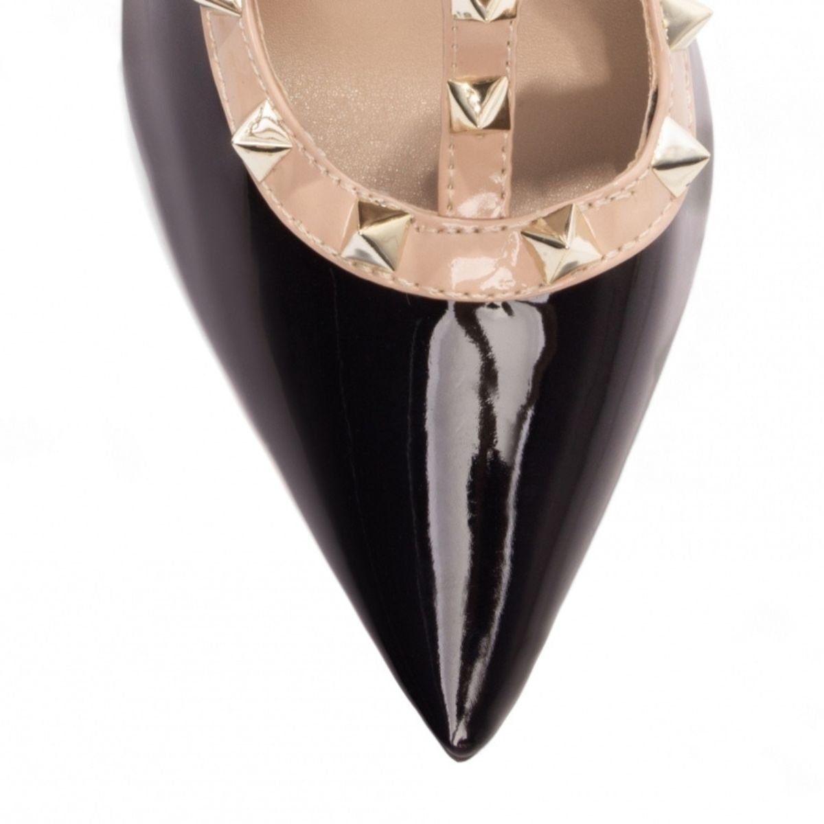 Scarpin Feminino Salto 12 cm Preto Verniz com Tiras Nude e Spikes Dourados Torricella Preto 5