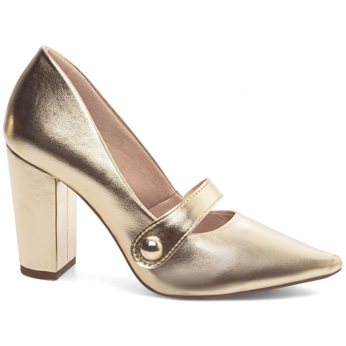 Scarpin Feminino Napa Dourado com Salto Bloco Alto e Tira Decorativa Torricella