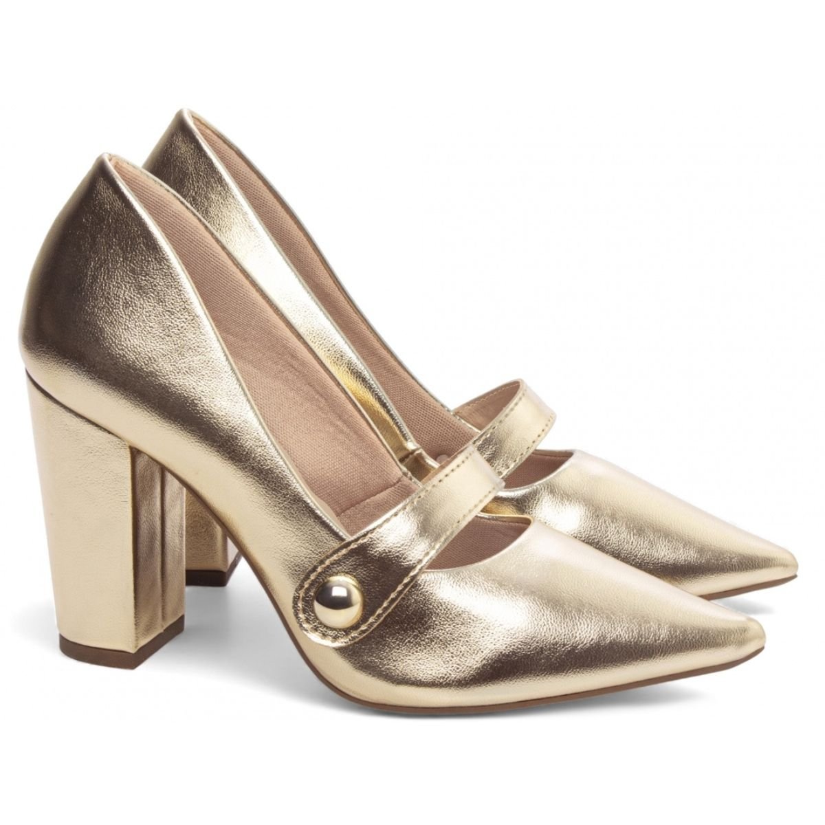 Scarpin Feminino Napa Dourado com Salto Bloco Alto e Tira Decorativa Torricella Dourado 3