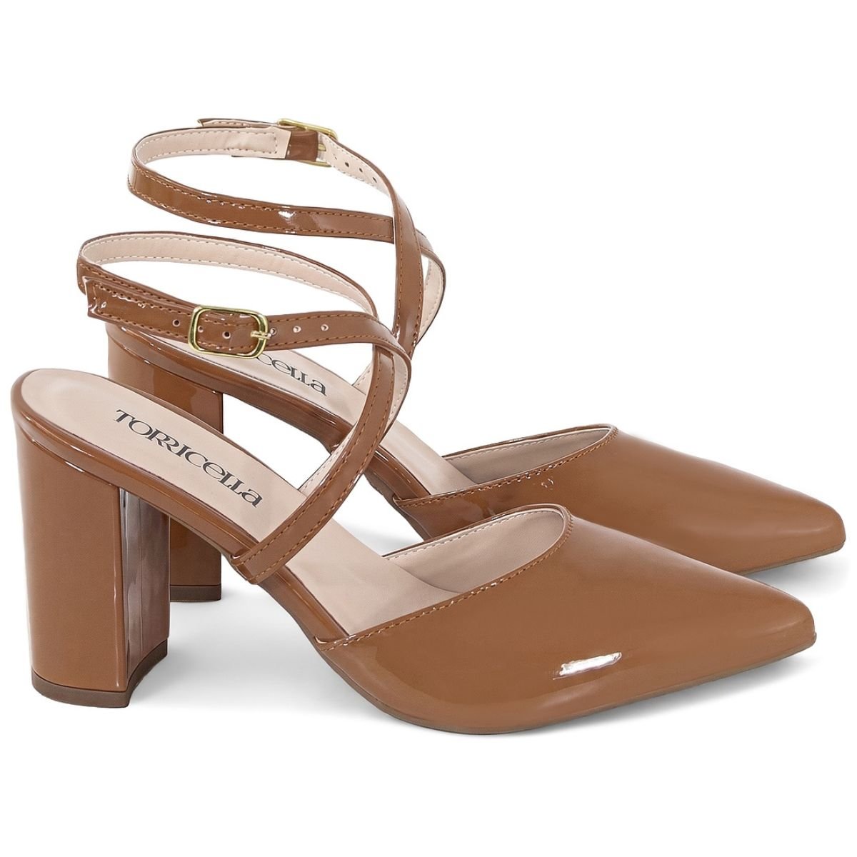 Scarpin Slingback Feminino Salto Bloco Alto Bico Fino Torricella Caramelo 3