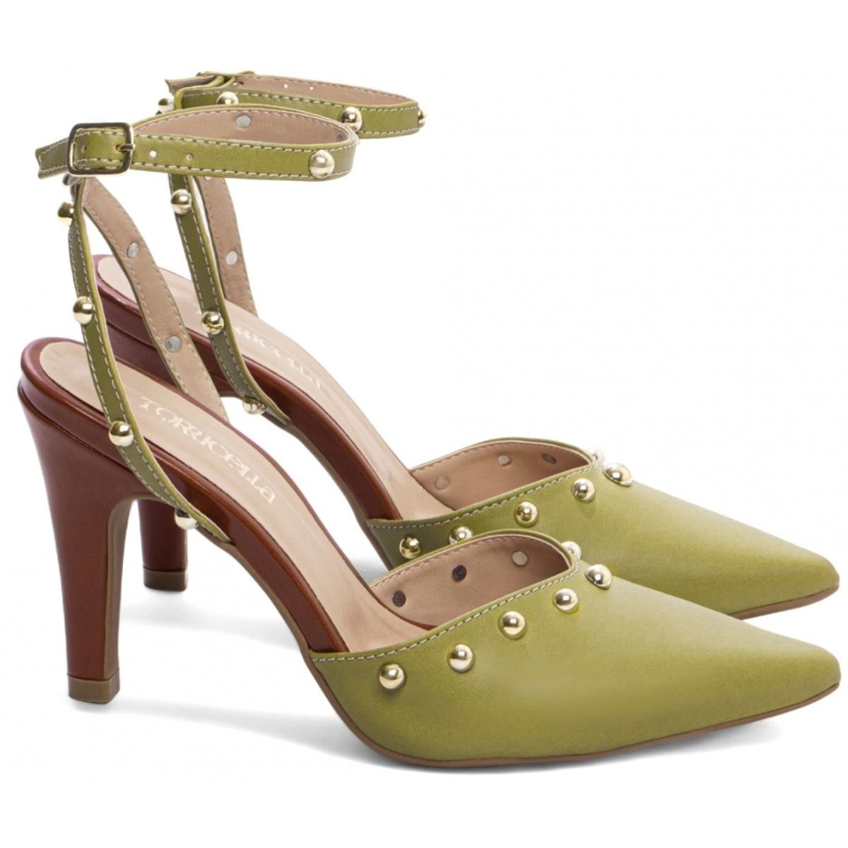 Scarpin Feminino com Tachas Douradas e Salto Médio Confortável Torricella Verde 3