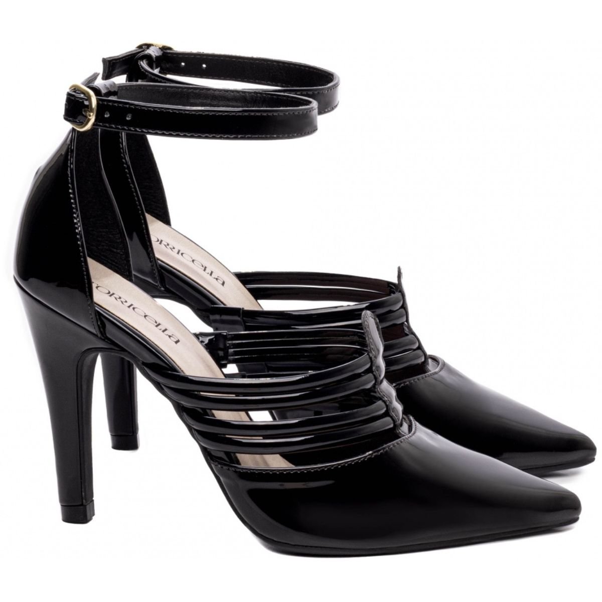 Scarpin Feminino Verniz Salto Alto Fino com Tiras Moderno Torricella Preto 3