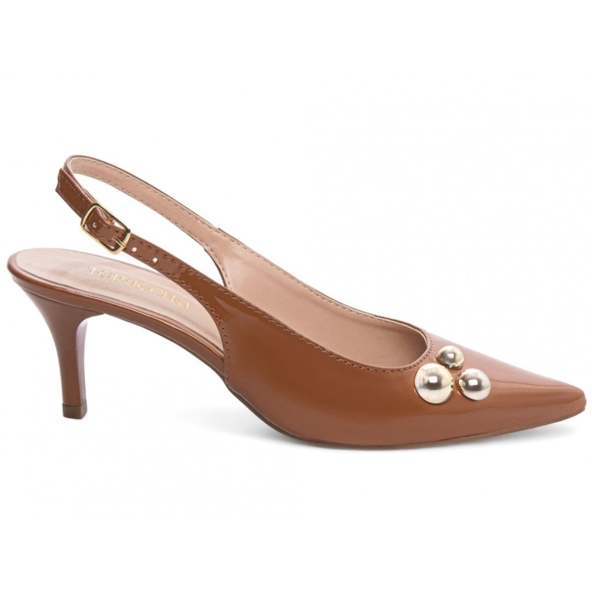 Scarpin Slingback Feminino Verniz Salto Médio com Detalhes Dourados Elegante e Confortável Torricella Caramelo 5