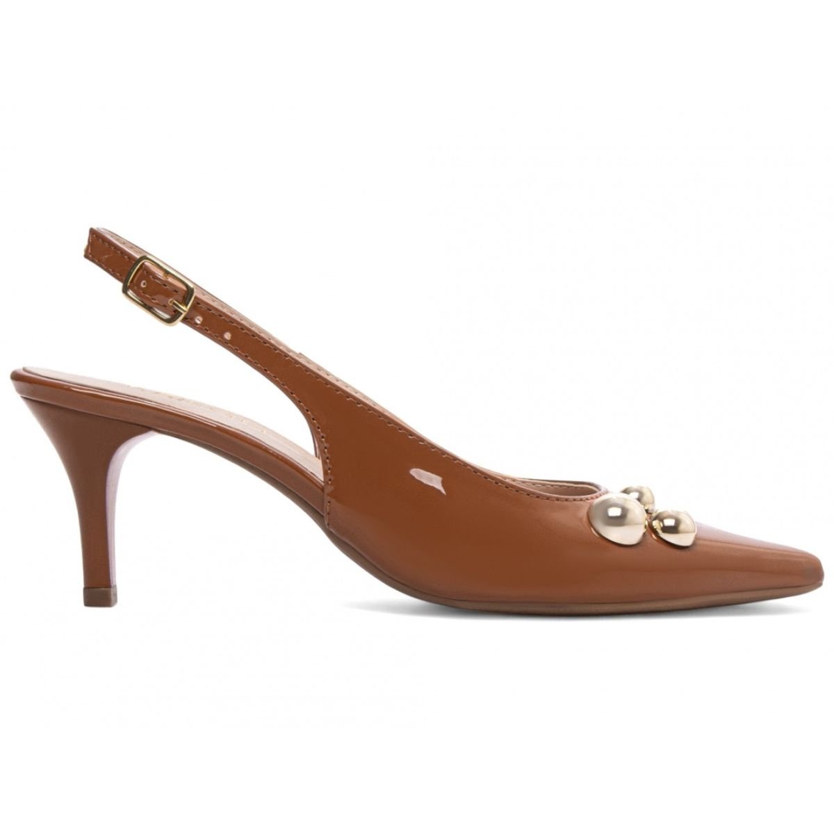 Scarpin Slingback Feminino Verniz Salto Médio com Detalhes Dourados Elegante e Confortável Torricella Caramelo 3
