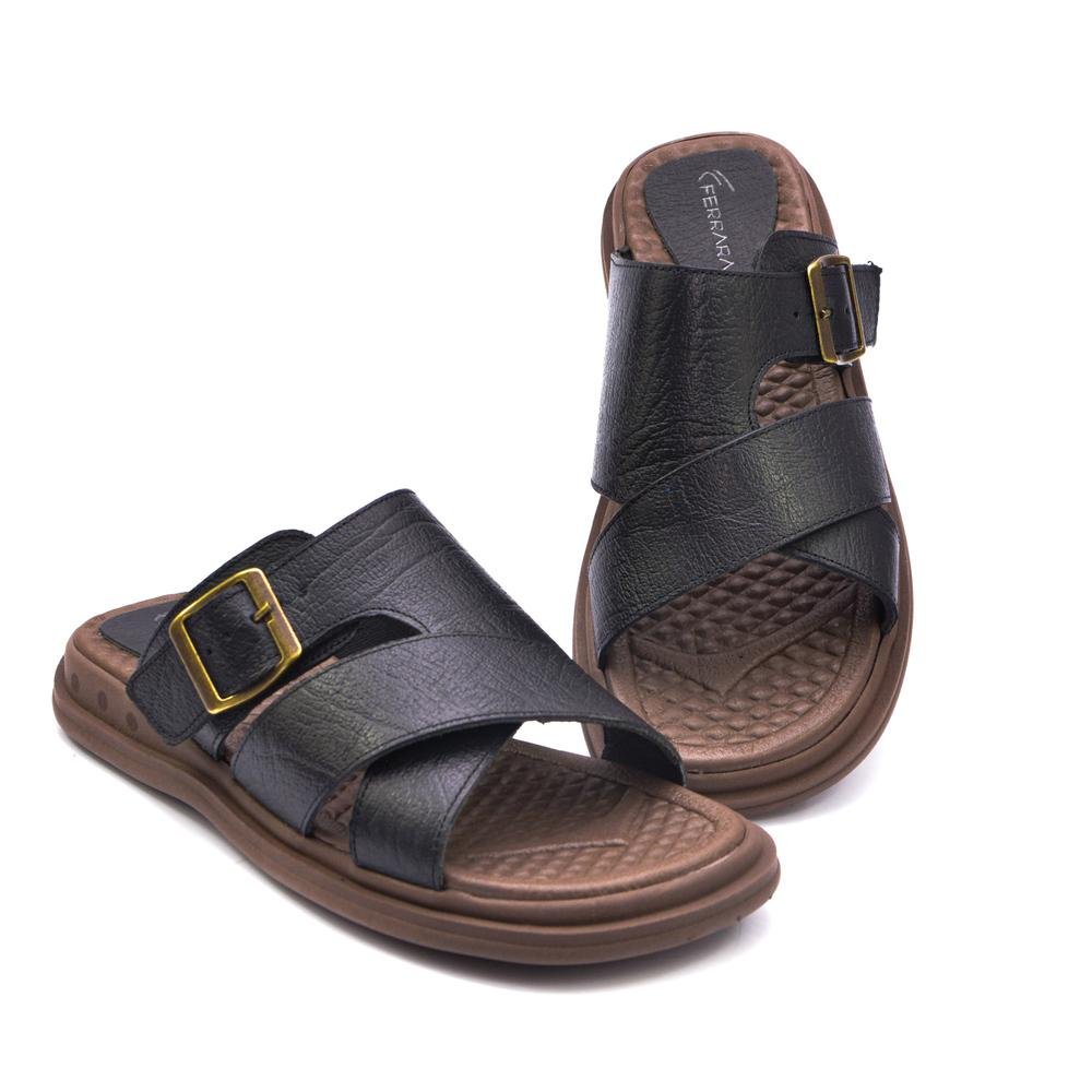 Sandália Slide Masculina C/fivela Couro Legítimo Confortável Preto 2